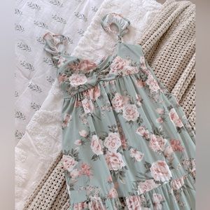 Pink floral and light green maxi dress